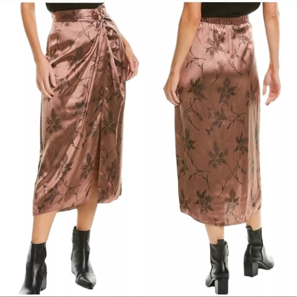 NWT Vince Iris Floral Jacquard Twist Knot Midi Skirt Brown Pink Charcoal